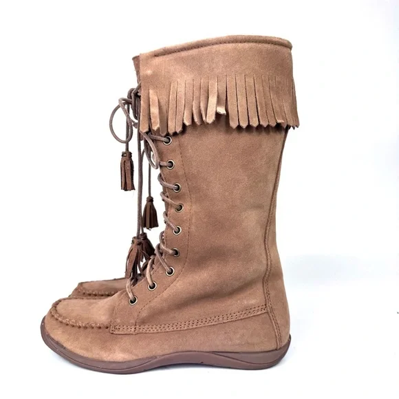 LL Bean tall suede tan moccasin boots shearling lined lace up w fringe. Sz 7.5 - Picture 4 of 14